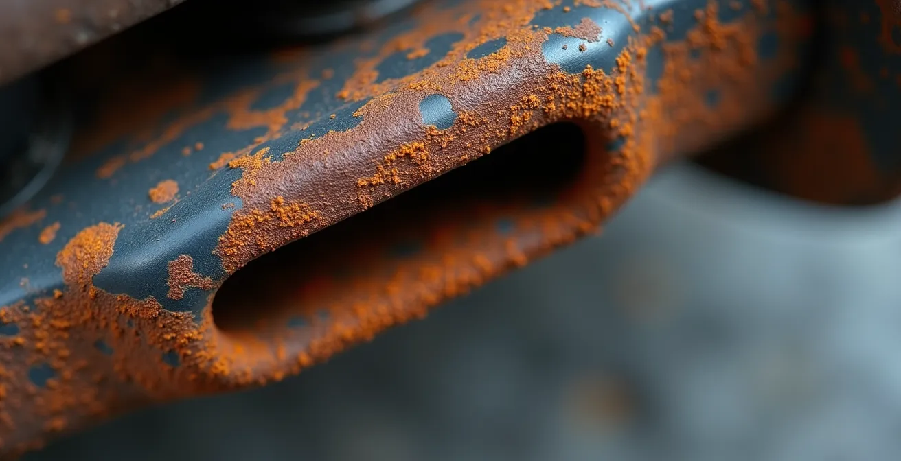 Gros plan macro sur une perforation de rouille dans le métal d'un châssis automobile montrant la texture et la profondeur