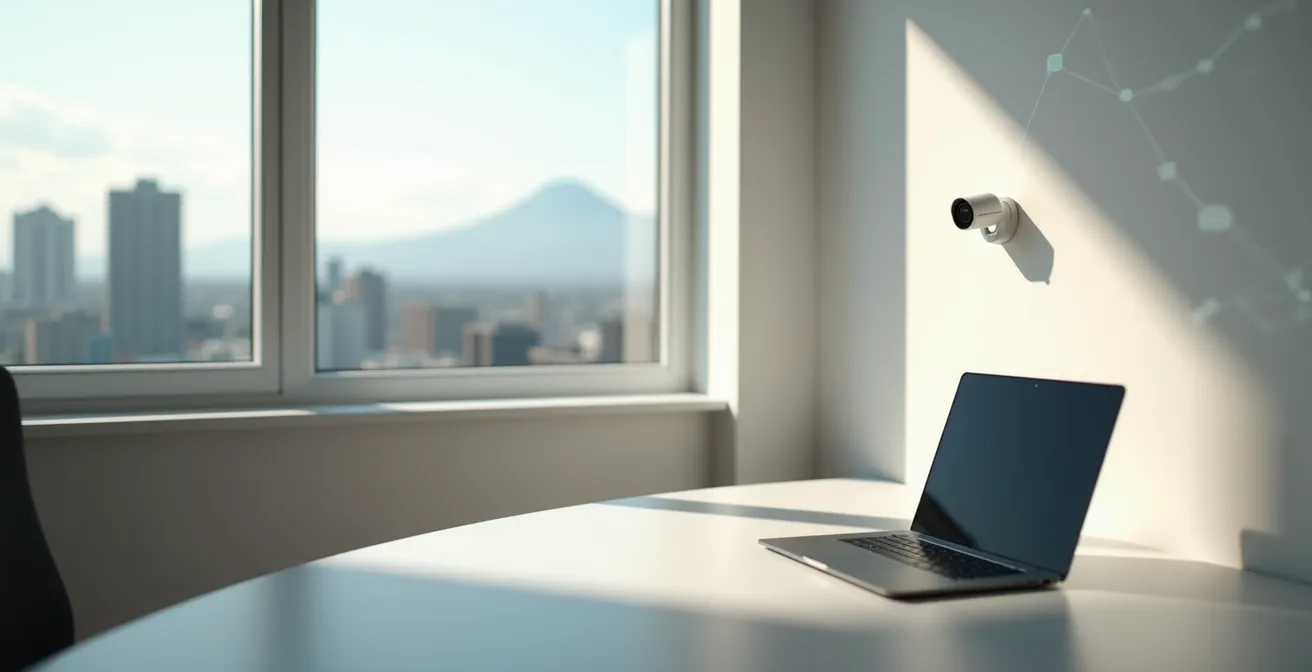 Vue minimaliste d'un espace de travail sécurisé avec éléments suggérant la protection des données sans montrer d'écrans