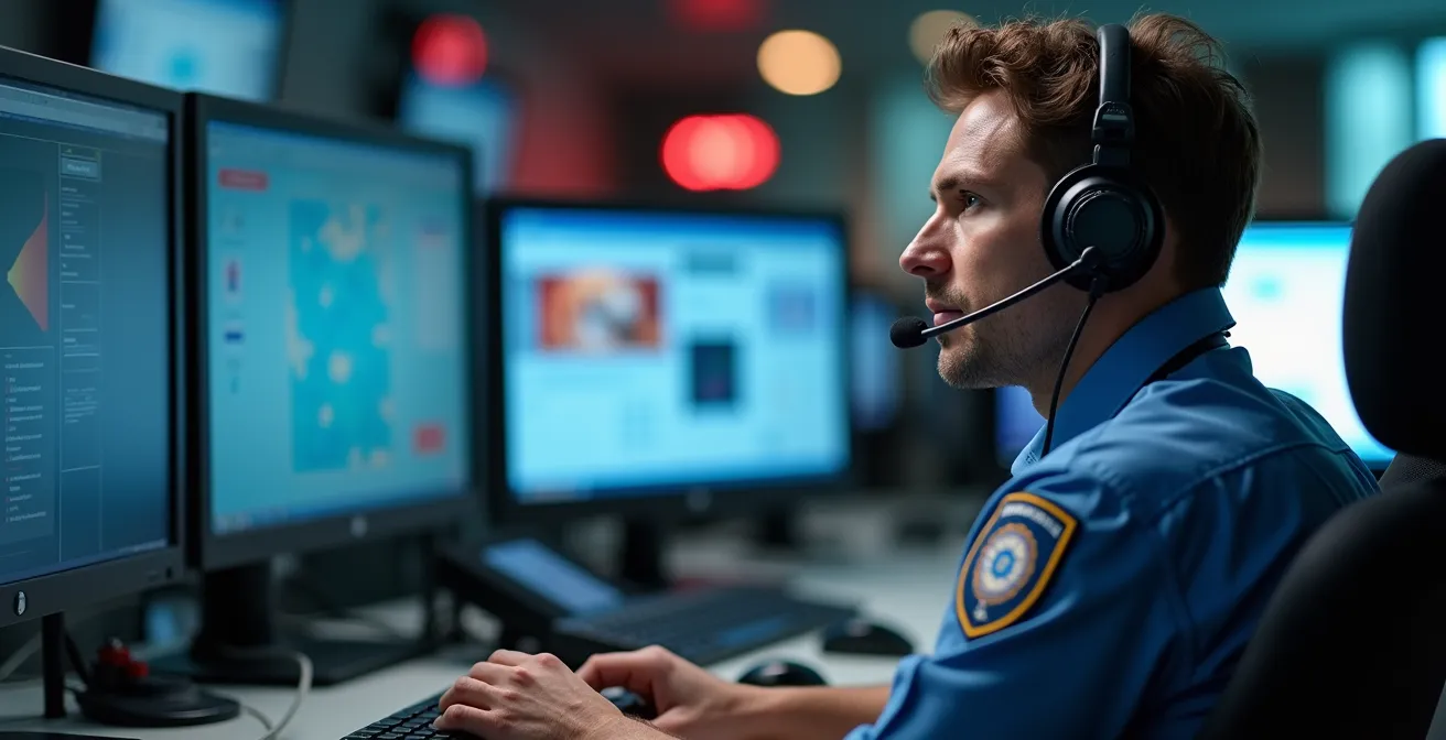 Opérateur du 911 dans un centre d'appels d'urgence au Québec avec équipement de communication