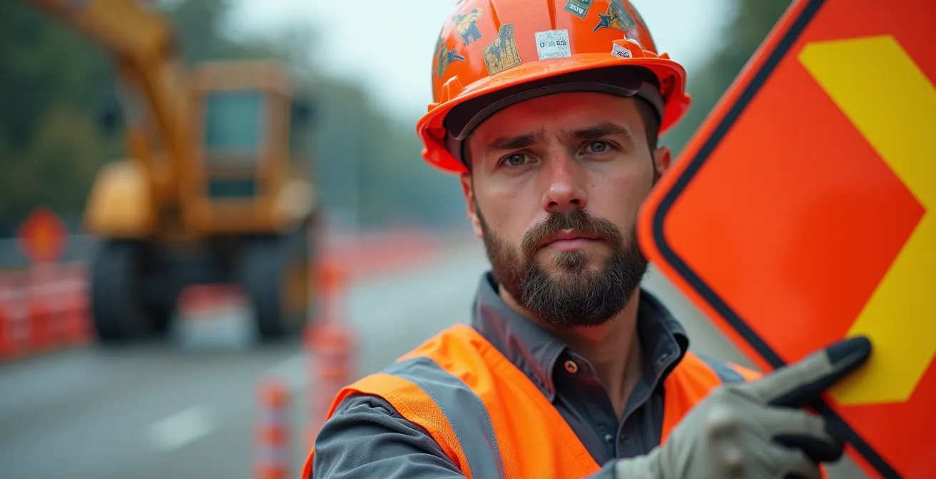 Signaleur de chantier tenant un panneau de signalisation réversible dans une zone de construction