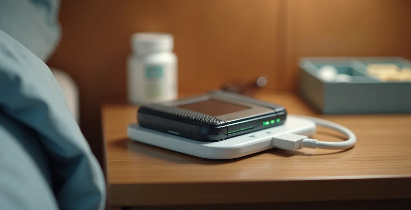 Station de recharge pour dispositif d'alerte sur table de chevet avec éléments du quotidien