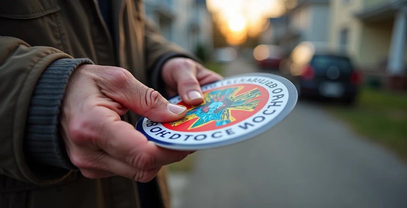 Vue macro de mains tenant un autocollant de programme de surveillance de quartier