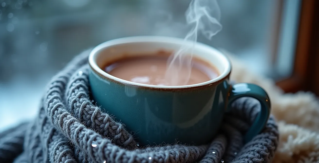 Famille québécoise en vêtements d'hiver multicouches regroupée dans le salon autour d'un réchaud sécuritaire