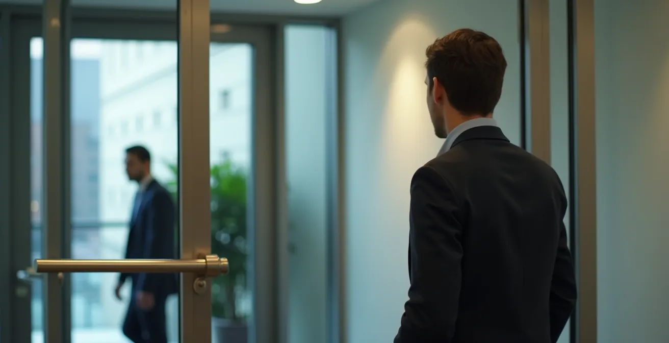 Perspective d'une entrée de bureau moderne avec une personne tenant la porte