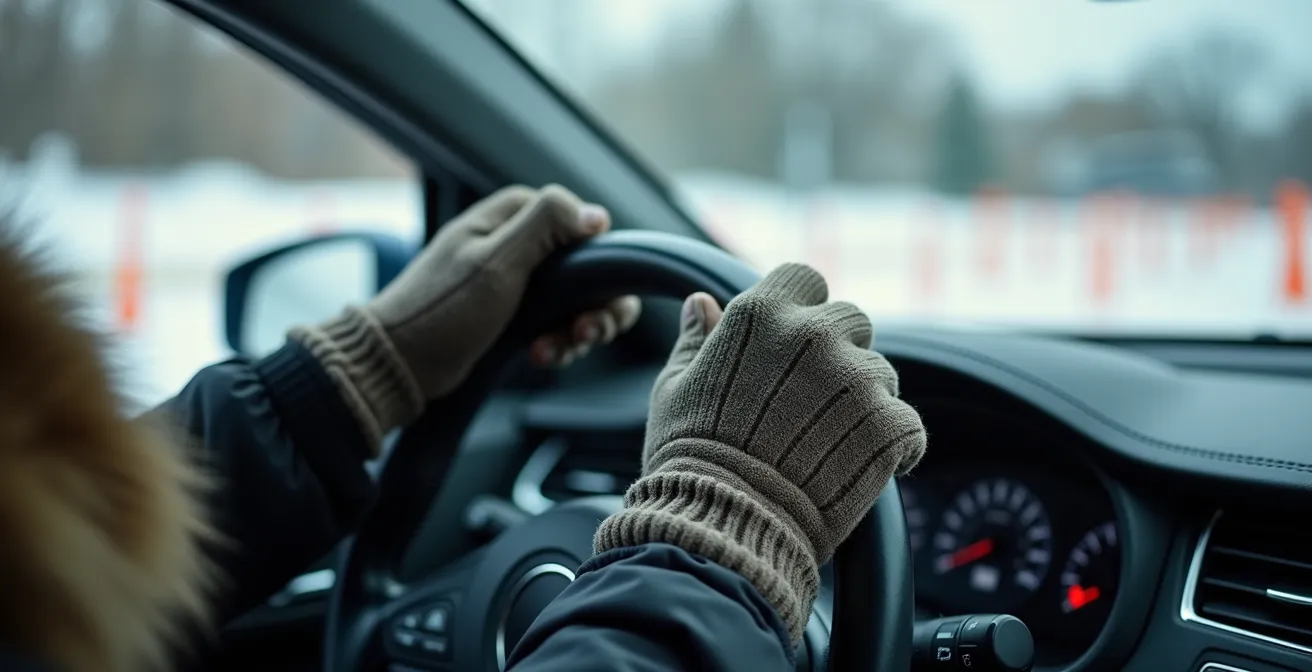 Vue aérienne montrant la technique de contre-braquage avec trajectoire de la voiture sur glace