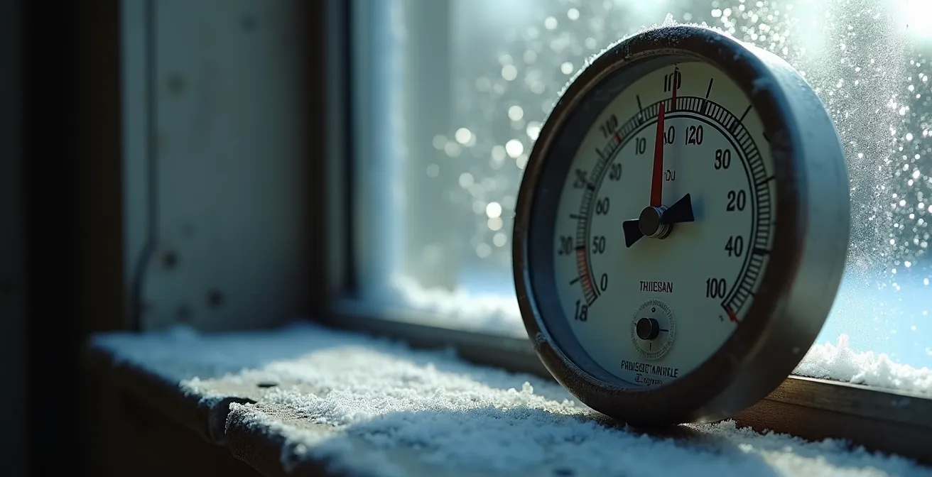 Vue rapprochée d'un thermomètre analogique montrant une température proche de zéro dans un intérieur
