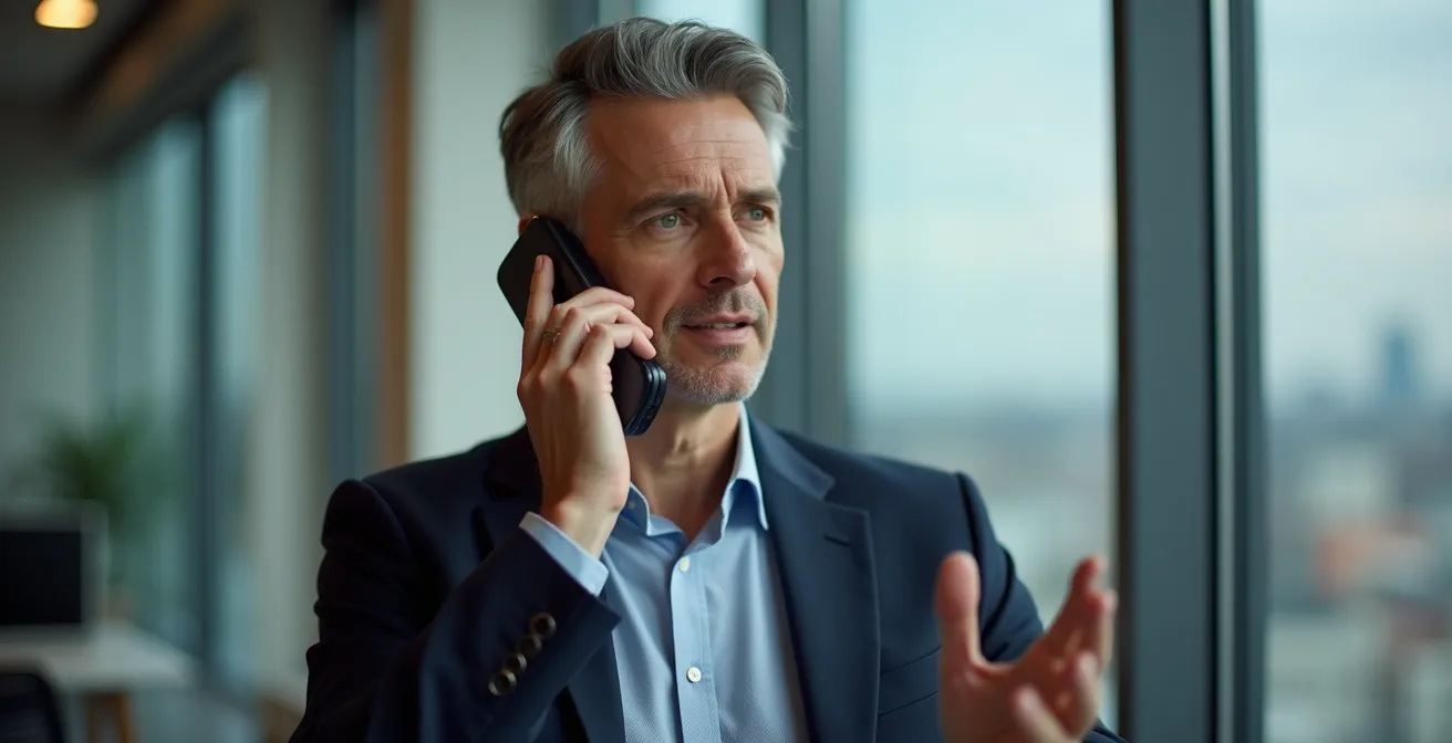 Portrait d'un dirigeant de PME québécois en discussion téléphonique, montrant l'importance de la communication transparente lors d'un incident