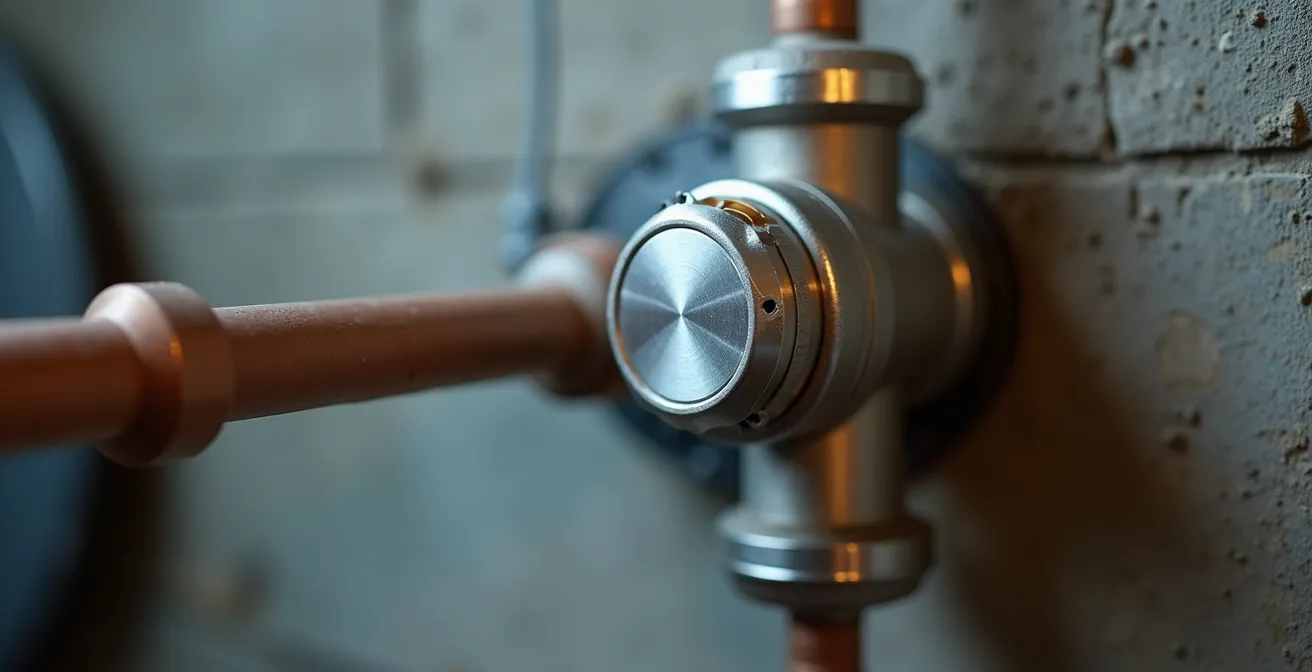 Vue rapprochée d'une valve électrique installée sur tuyau d'entrée d'eau principal
