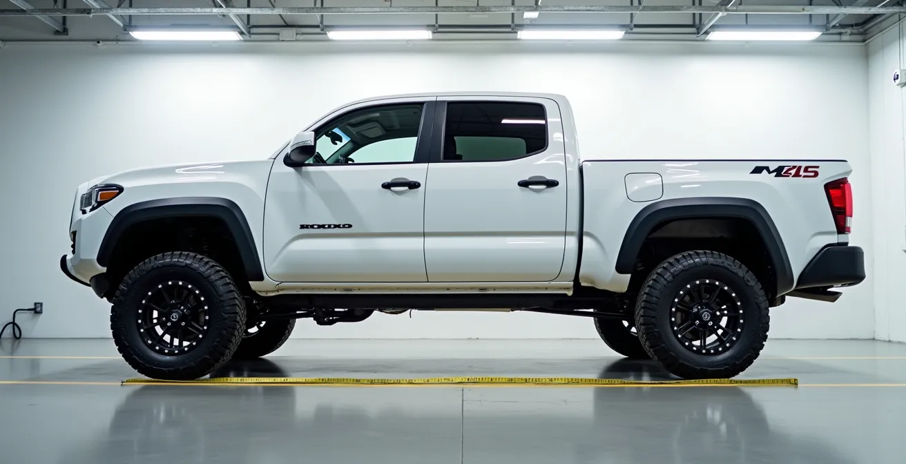 Vue latérale d'un pick-up avec suspension modifiée montrant les points de mesure de hauteur pour l'inspection