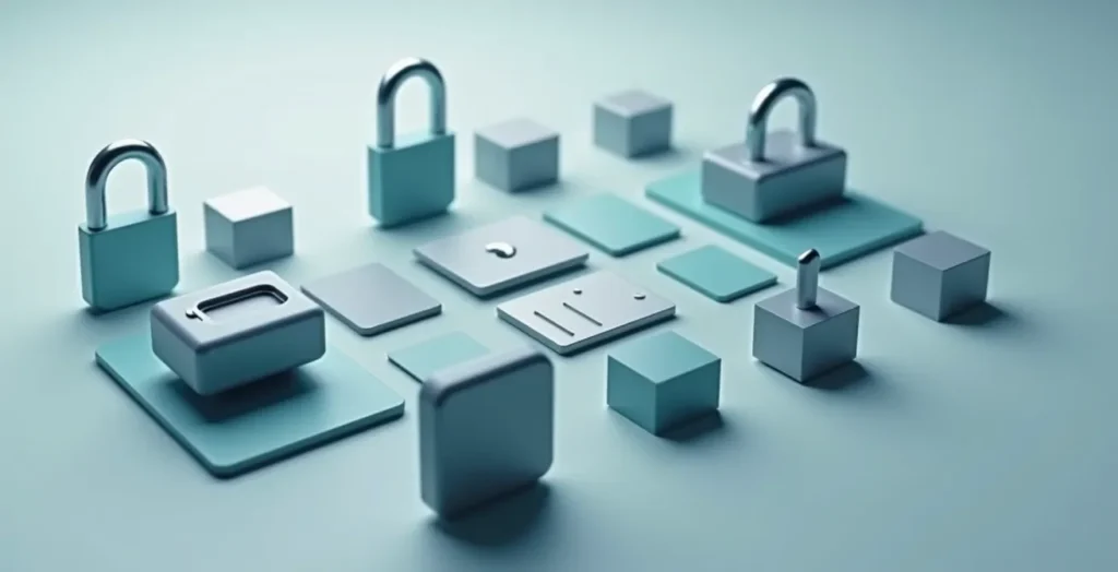 Vue symbolique d'un système d'accès d'entreprise montrant différentes méthodes d'identification sans biométrie Vue symbolique d'un système d'accès d'entreprise montrant différentes méthodes d'identification sans biométrie